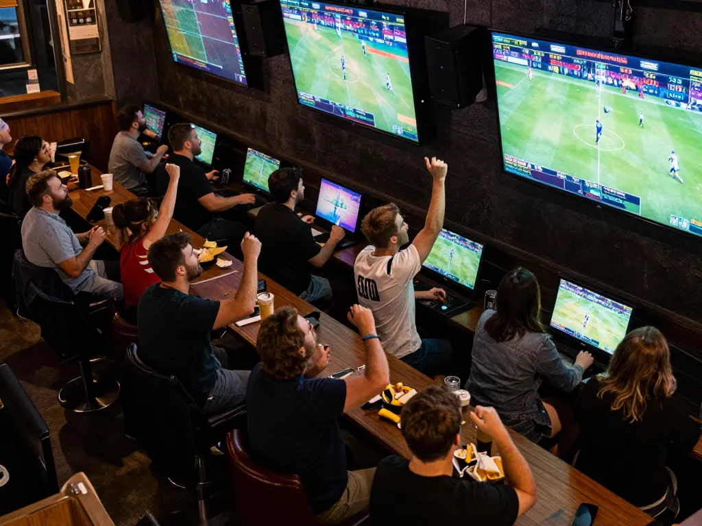 Fans celebrating their winning bets in a lively sports bar during an exciting SHBET sports event.