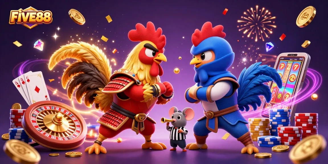 Engage with an exciting FIVE88 casino scene featuring dynamic roosters and gaming elements.