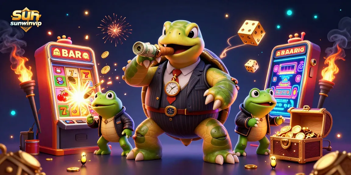 Experience the excitement of sunwinvip with a vibrant casino scene featuring a snapping turtle and bullfrog enforcers.