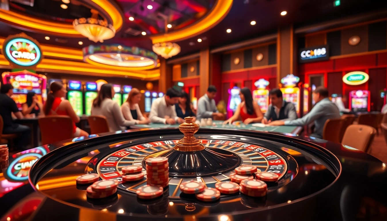 Players engaging at a casino table showcasing CM88-themed poker chips and vibrant excitement.