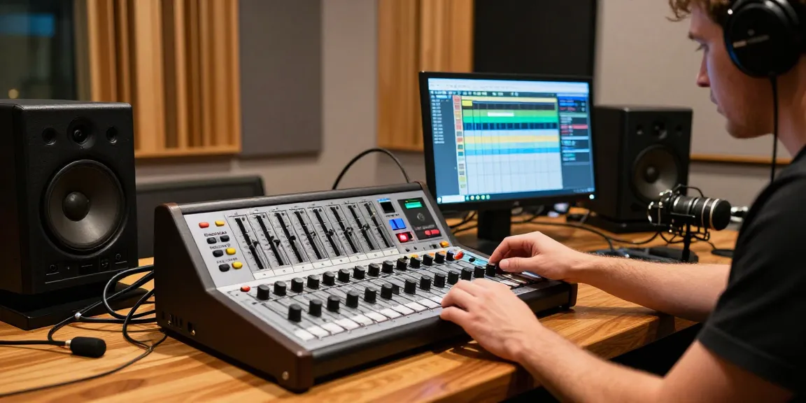 DA88 multitrack recorder in a professional audio studio, showcasing sound engineering elements and creative atmosphere.