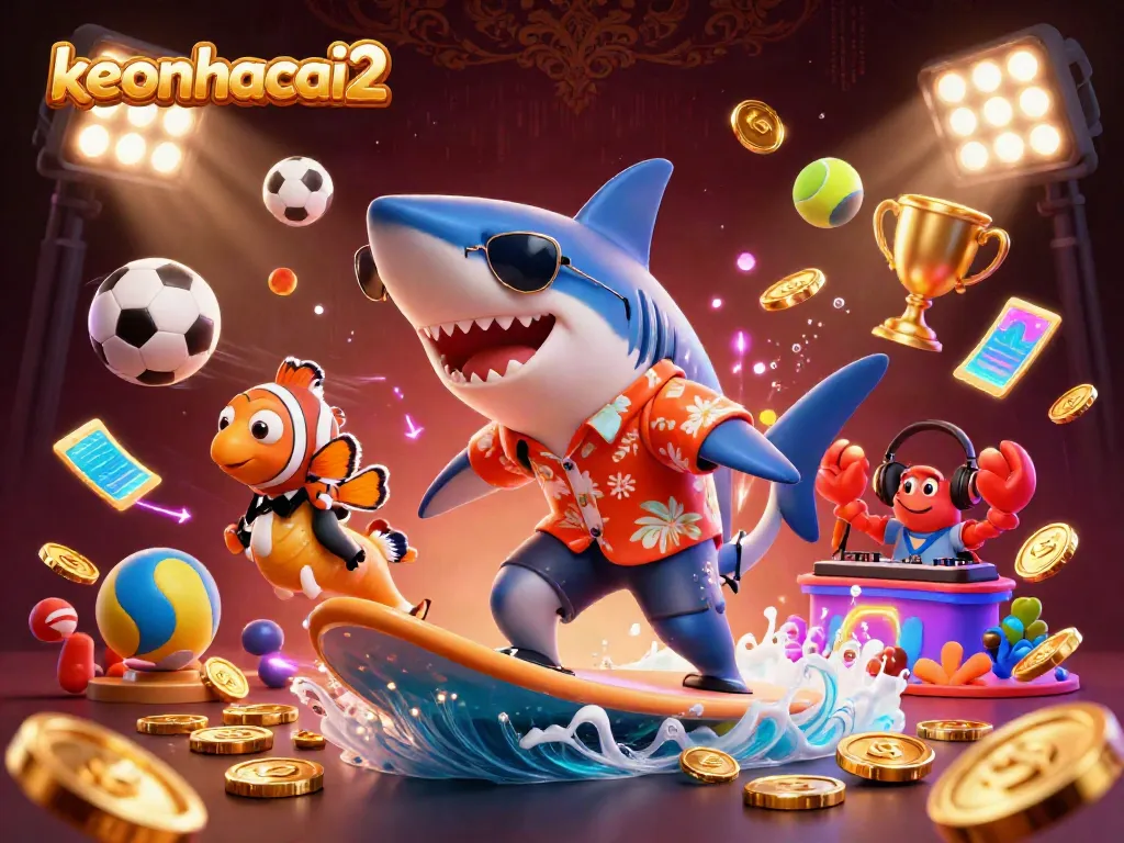 Experience the thrill of keonhacai2 with a vibrant surfing shark and energetic game elements.