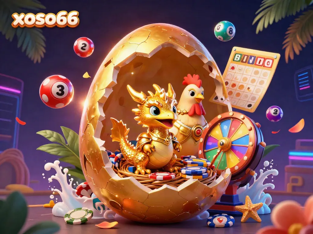 Experience the thrill of the xoso66 lottery with golden tickets and vibrant balls flying around a golden dragon.