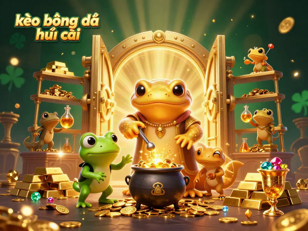 Experience kèo bóng đá nhà cái with a golden salamander alchemist and frog apprentice in a treasure-filled fantasy scene.