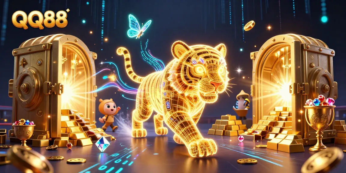 Experience the exciting gameplay of QQ88 in a vibrant digital casino scene filled with treasures and energy.
