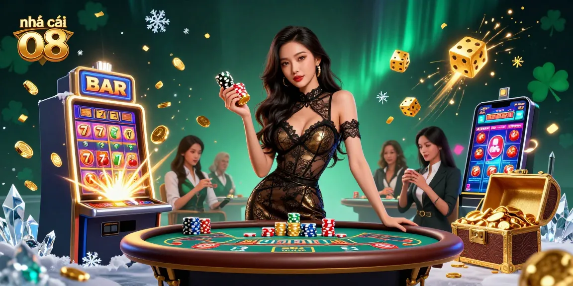 Experience the thrill with nhà cái o8 at a glamorous baccarat table amidst a vibrant casino atmosphere.