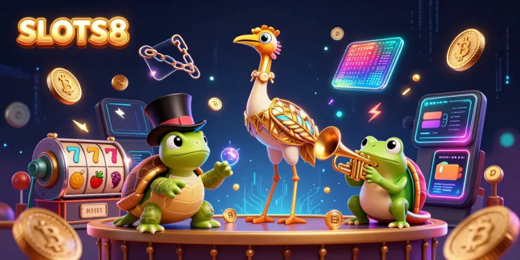 SLOTS8 features a lively cartoon scene with a crane, turtle, and frog celebrating with slot symbols and cryptocurrencies.