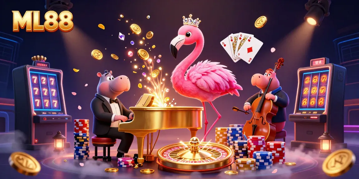 Experience thrilling gaming with ML88 as colorful characters bring the casino to life in this 3D scene.