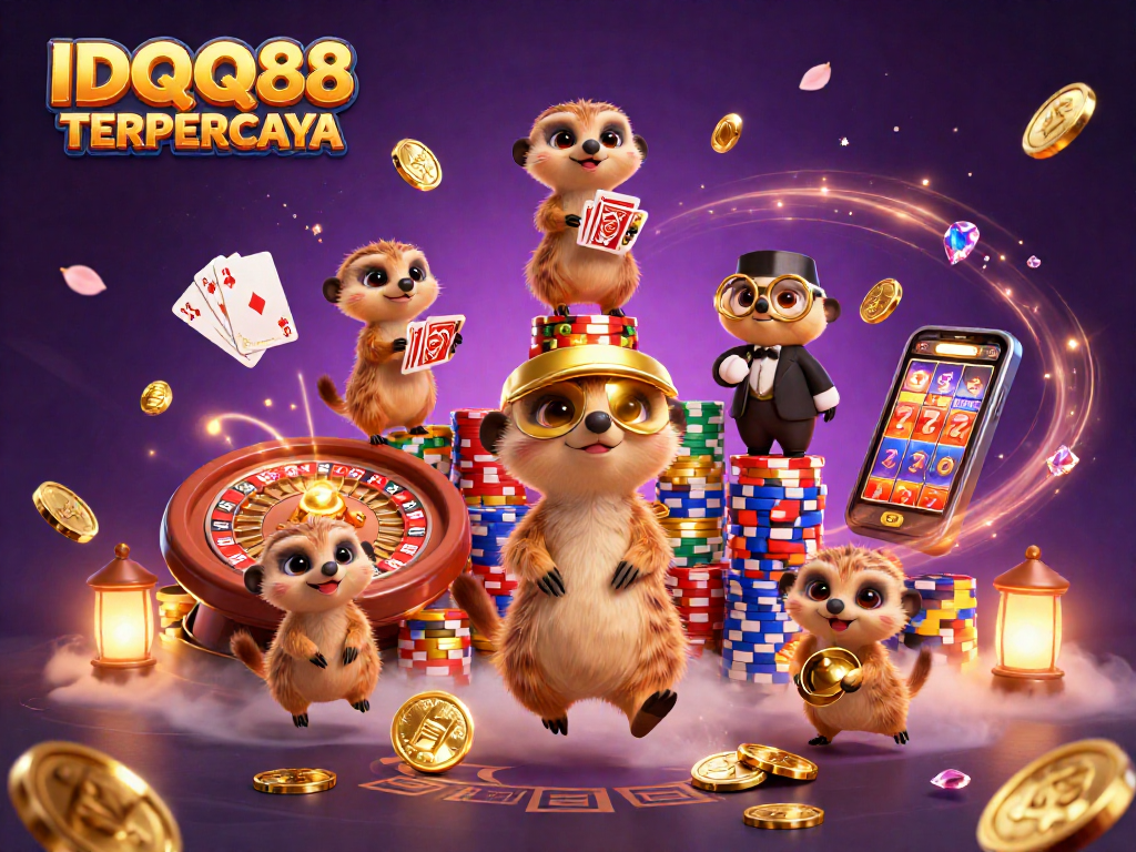 IDQQ88 TERPERCAYA showcases meerkats engaging in dynamic casino activities amid cascading coins and gems.