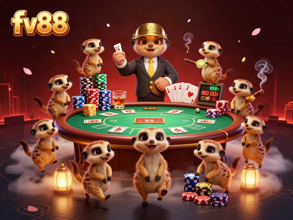 Experience the dynamic action at the FV88 casino with meerkats amidst vibrant gaming elements.