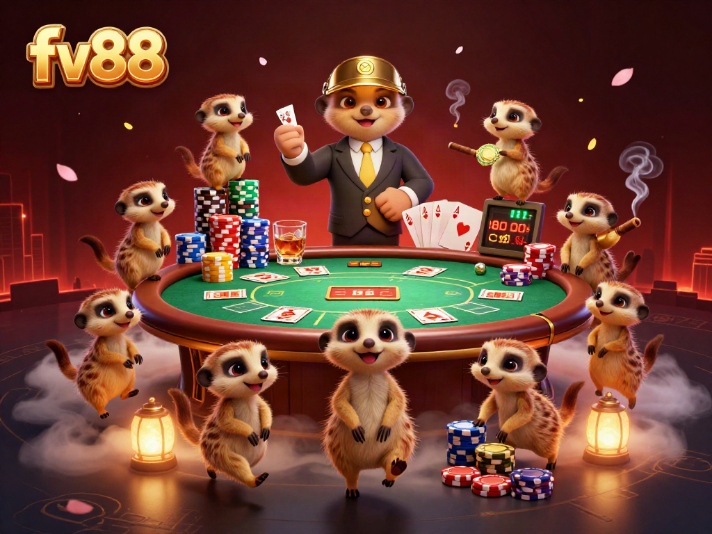Experience the dynamic action at the FV88 casino with meerkats amidst vibrant gaming elements.
