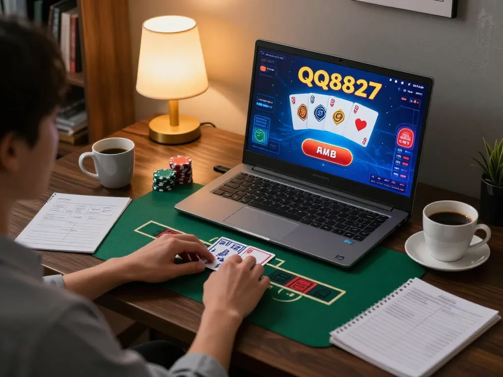 Engaged player using QQ8827 for online blackjack, cozy home atmosphere promoting responsible gaming