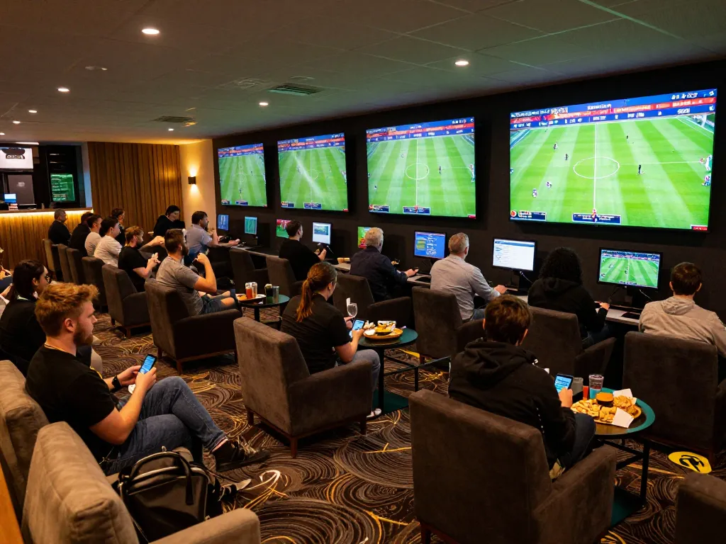 Xoilac sports bettors engaging with live football matches on screens, capturing excitement and interaction.