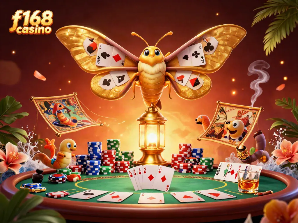Engage with the vibrant f168 casino scene featuring a majestic atlas moth and rich gaming elements for immersive fun.