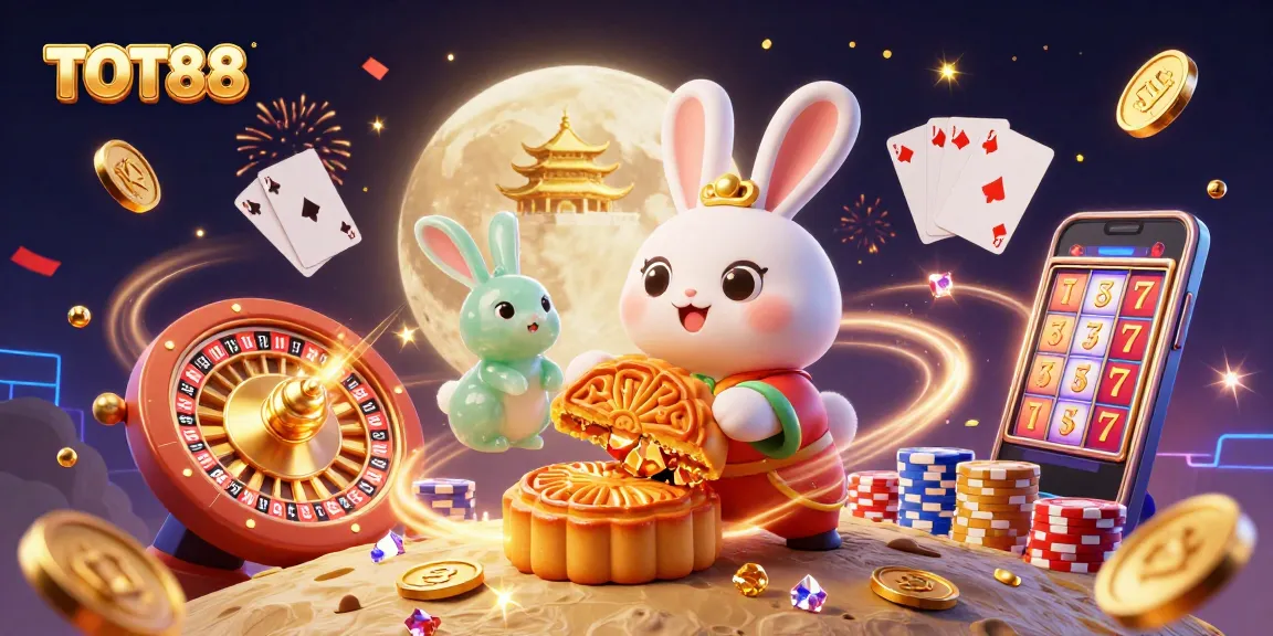 Experience the magical world of TOT88 with a moon rabbit, casino elements, and vibrant visuals.