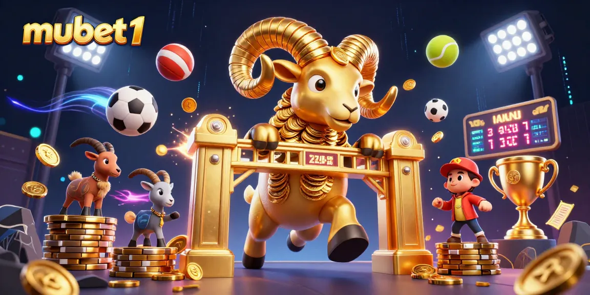 Engage in thrilling bets at mubet1, where a golden ram charges through a vibrant casino scene.