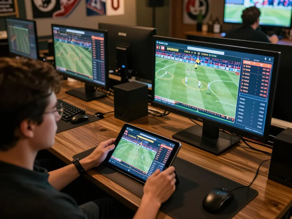 Engaging in live sports betting at mb66 with multiple screens displaying odds and matches
