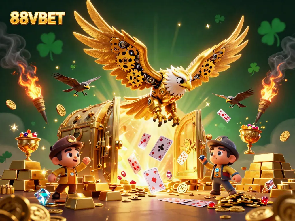 Engage with the thrilling action of 88VBET, featuring a golden eagle amidst holographic cards and treasures.