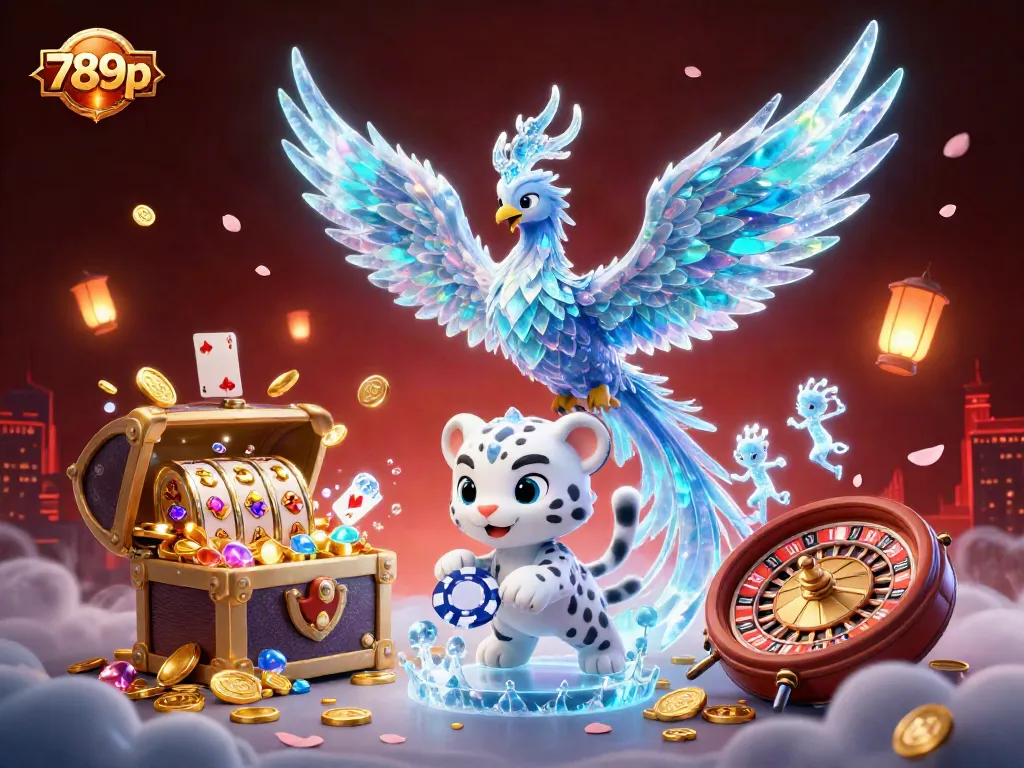 Experience thrilling games with 789p as a colorful ice phoenix and leopard play among casino gold and treasures.