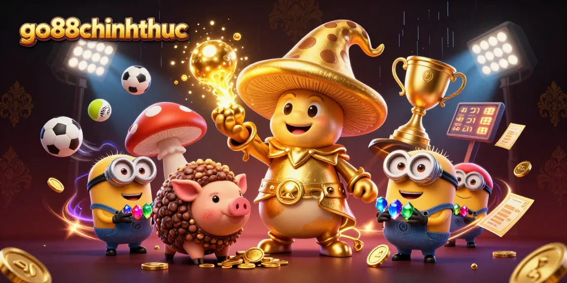 Win big with go88chinhthuc, showcasing a golden mushroom wizard and dynamic sports betting elements.