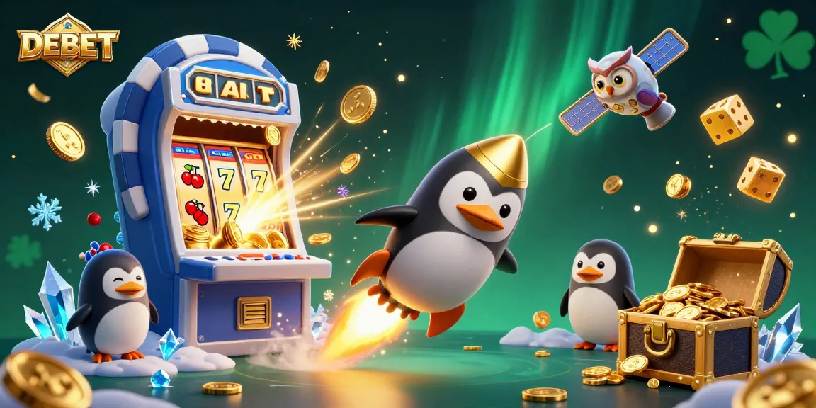 Experience thrilling DEBET gameplay with the golden penguin and jackpot excitement in a vibrant casino scene.