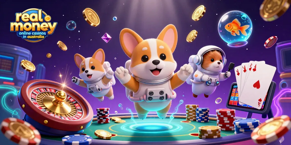 Explore real money online casinos in Australia with a vibrant space-themed 3D illustration of fun characters.