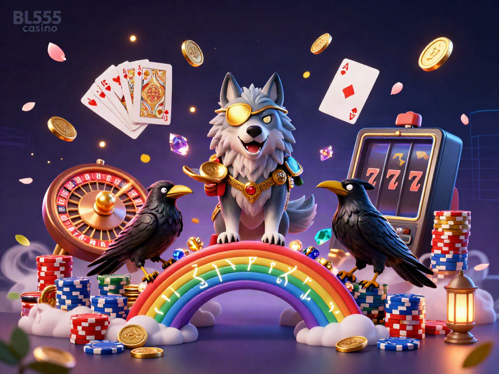 Experience the thrill of BL555 casino with a dynamic Norse-themed illustration showcasing Odin and casino elements.