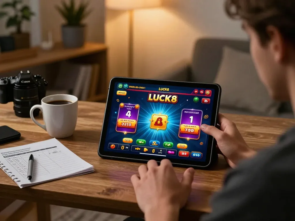 LUCK8 player enjoying online games on tablet with coffee and strategy notes.