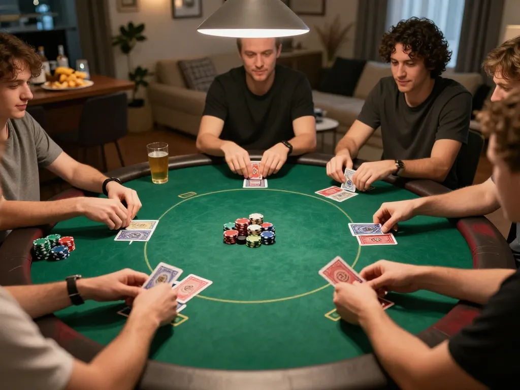 Engaging poker night where players assess tỷ lệ kèo while enjoying snacks and drinks around the table