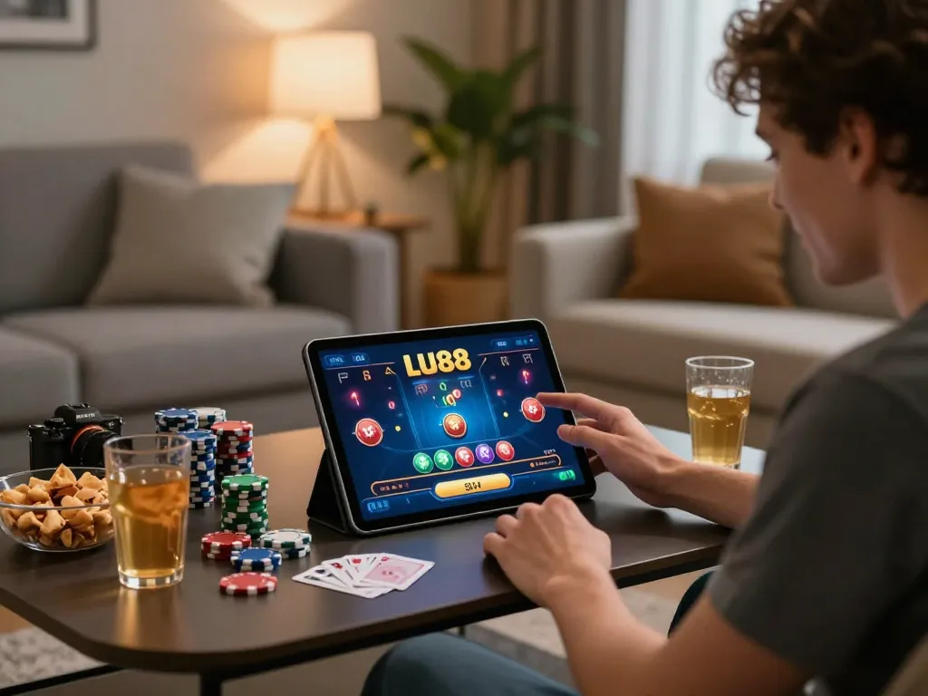 Player experiencing LU88's vibrant casino app on a tablet while enjoying snacks in a cozy home setting.