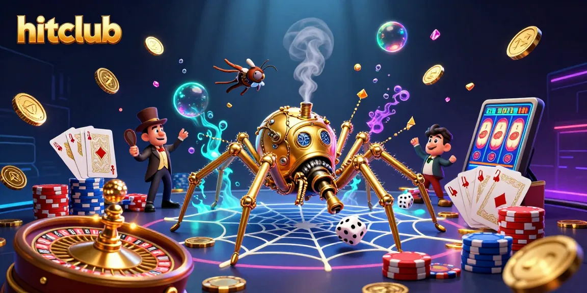 Engage with hitclub's vibrant gaming world featuring a steampunk spider and casino elements.