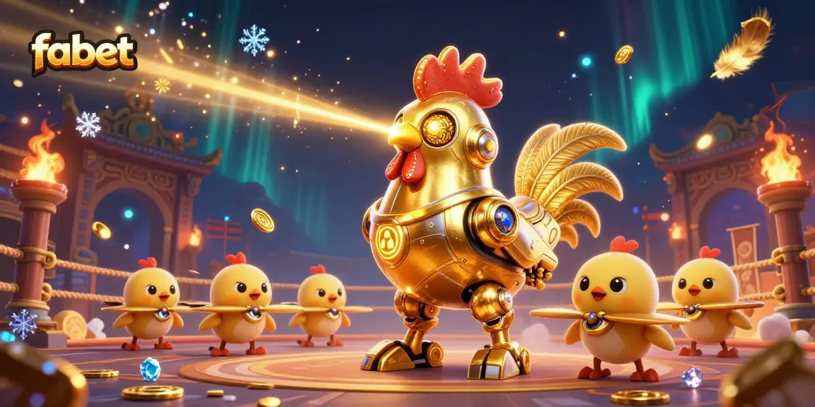 Join the fabet adventure with the golden rooster robot in a dynamic sports betting arena.