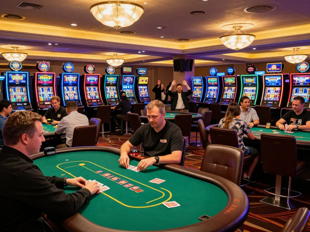 B52club vibrant casino floor with players at poker tables and dealers in action