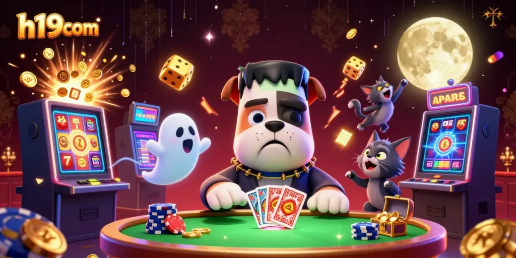 Engage with h19com's lively gaming scene featuring a Frankenstein bulldog and a werewolf kitten amid a whirlwind of casino elements.