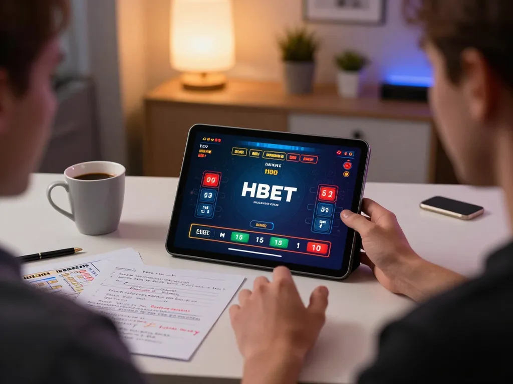 Player exploring HBET live dealer games on tablet in a comfortable home setting
