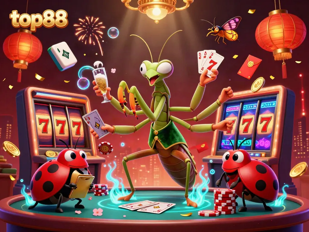Engage with top88's vibrant casino world featuring a praying mantis card sharp and ladybug pit boss surrounded by slot elements.