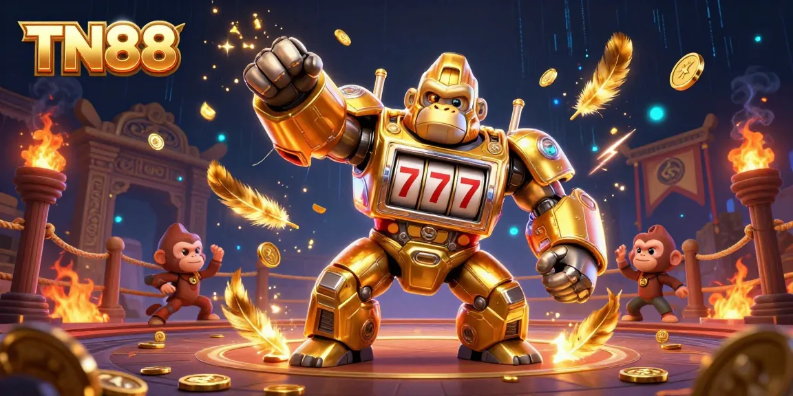 TN88 showcases a dynamic 3D golden gorilla mech amid a vibrant online casino scene.