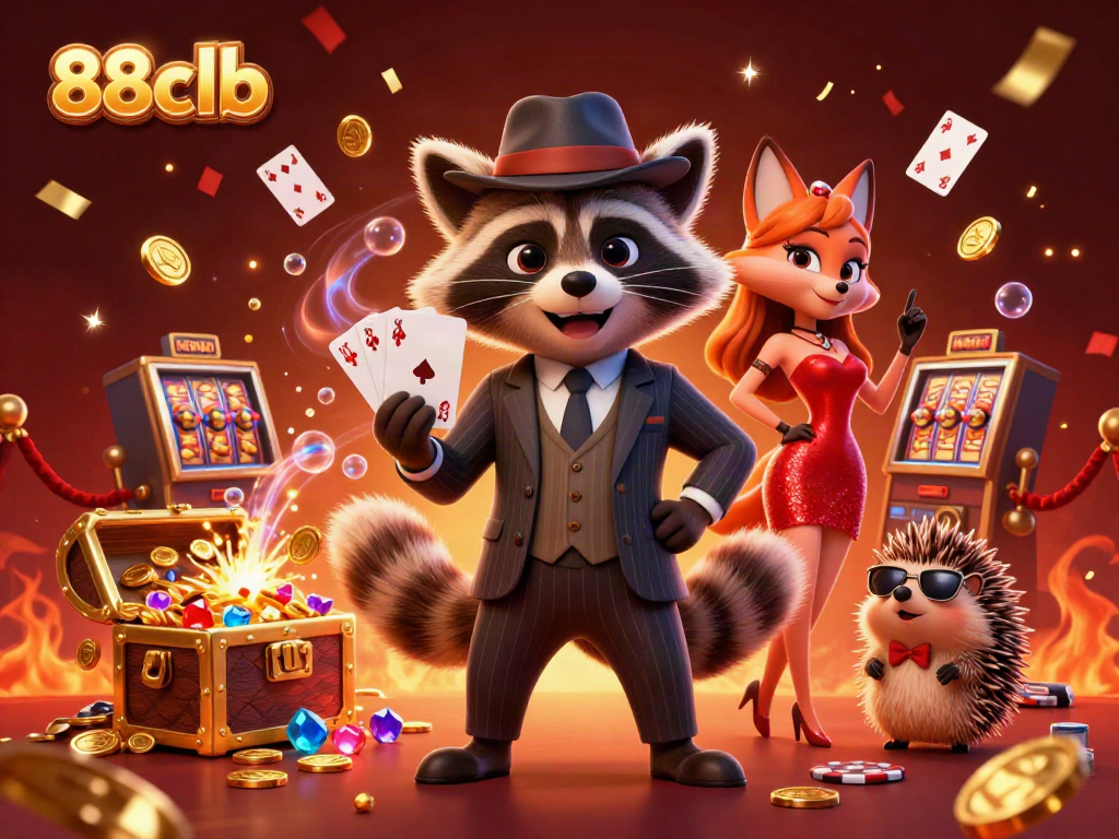Experience the thrill of casino gaming with 88clb in this vibrant illustration featuring playful characters and dynamic gaming elements.