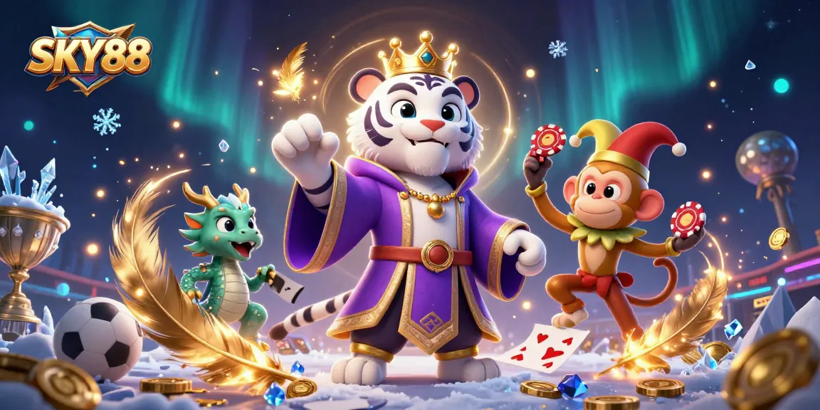 Join the fun at SKY88, where a regal tiger and playful monkey celebrate sports betting with excitement!