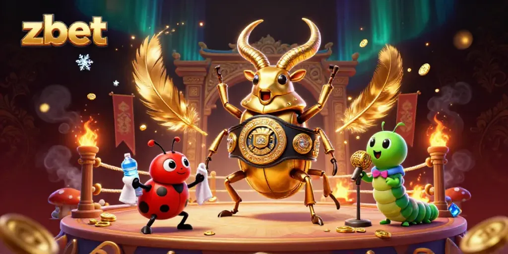 Bet big with zbet in a vibrant casino scene featuring a fighting stag beetle and colorful characters.