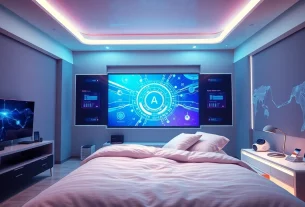 Futuristic bedroom with AI technology showcasing interactive content related to ai porn.