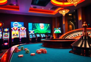 Experience the thrill of gambling at uu88's vibrant casino scene with poker chips and slot machines.
