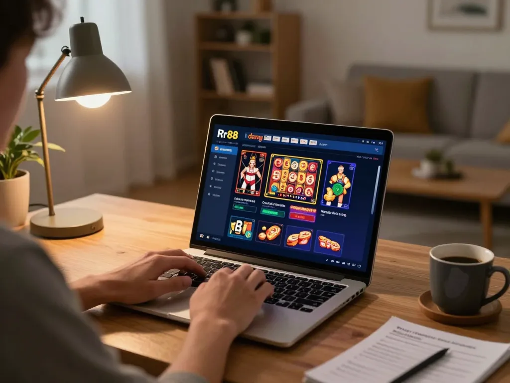 Engaging in Rr88 dang nhap with dynamic online gaming options visible on the laptop screen in a cozy home setup.