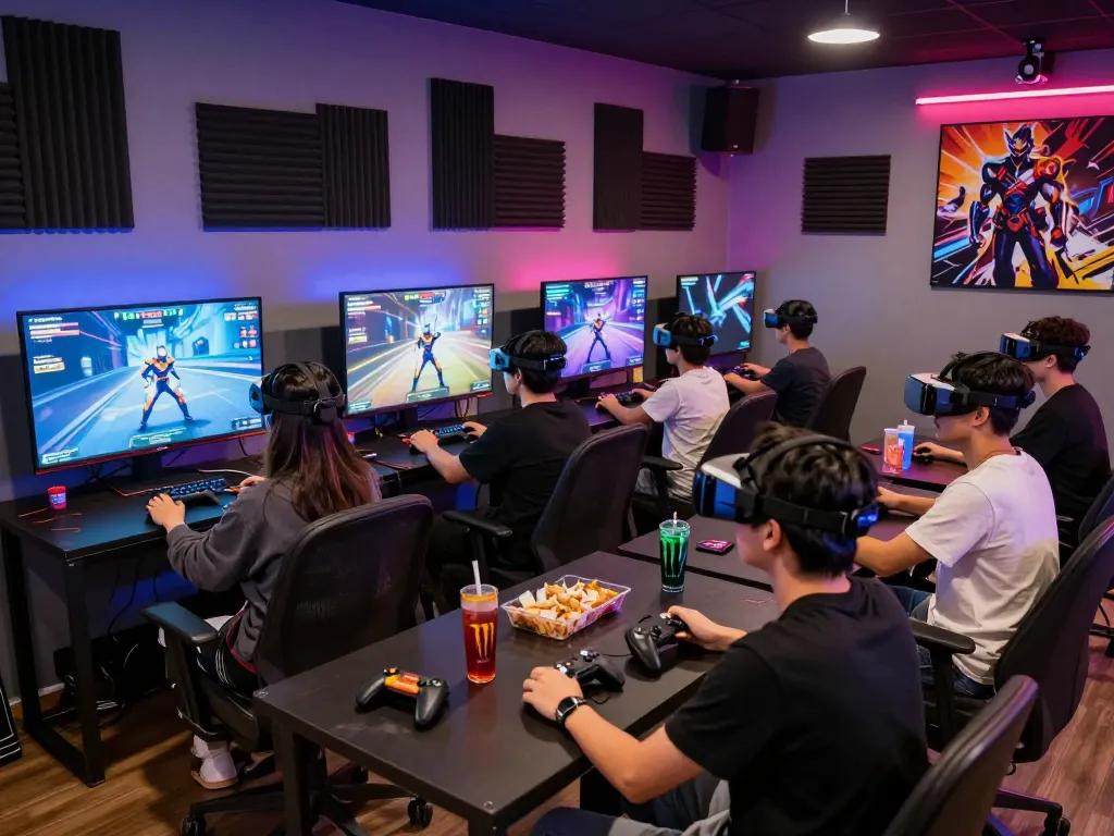 Experience exciting hentai games in a vibrant adult gaming lounge with friends playing multiplayer games.