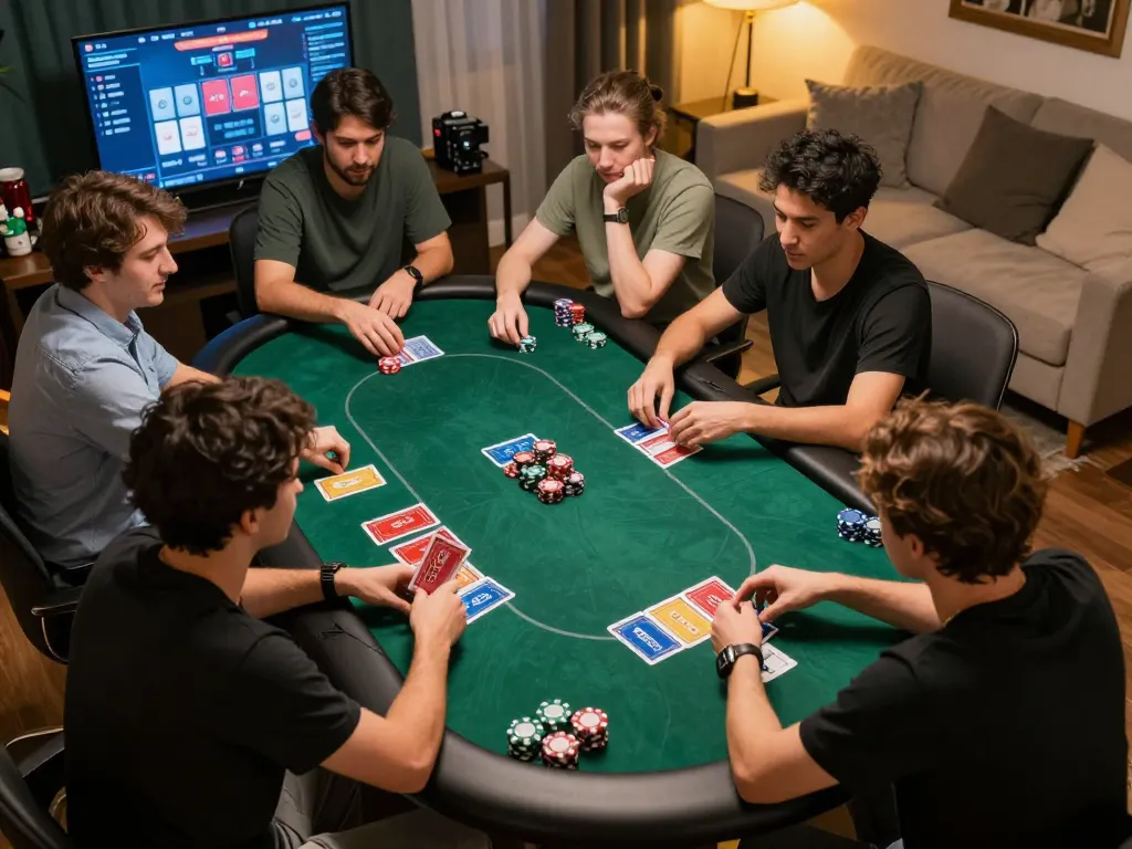 Engaging online poker gameplay at luck8, showcasing players focused on their strategy and vibrant cards.