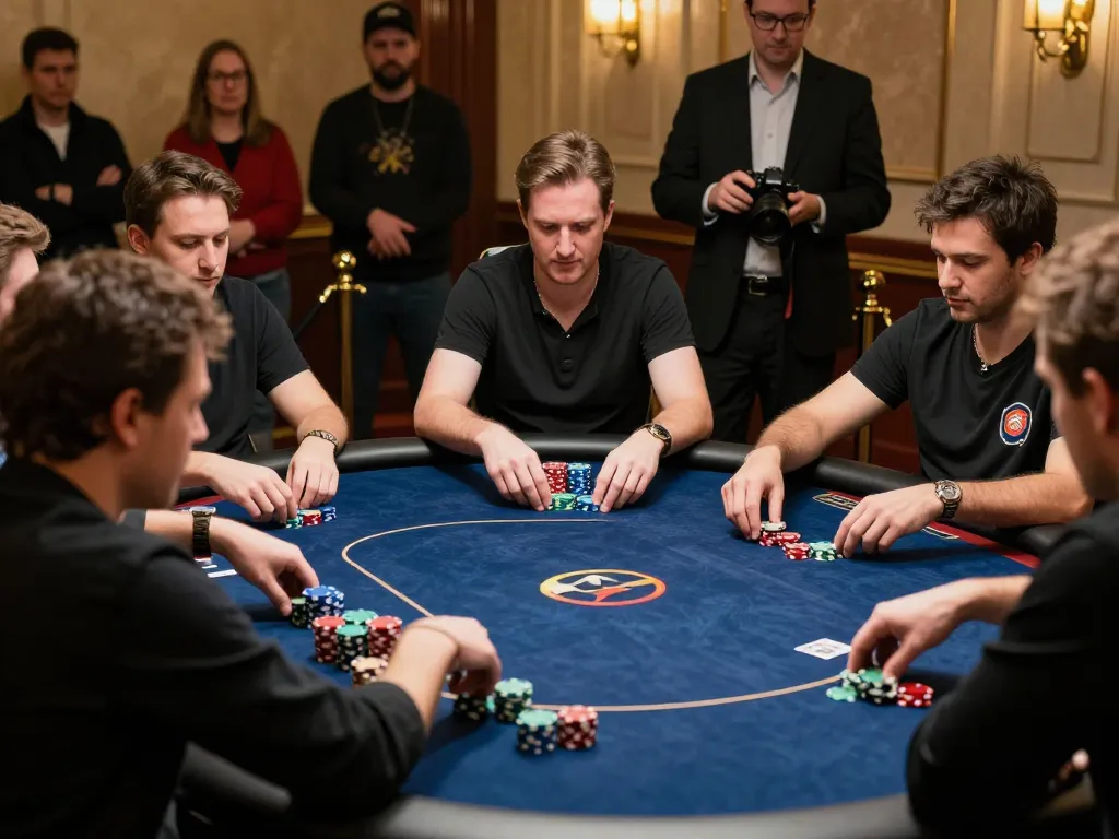 NET88 poker players analyzing their hands amidst the luxurious casino atmosphere