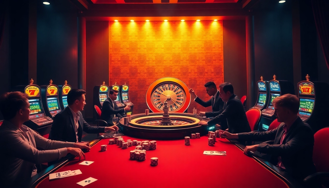 Experience the thrill of gambling with vibrant elements from https://f1686s.com/ including poker chips, slot machines, and roulette.
