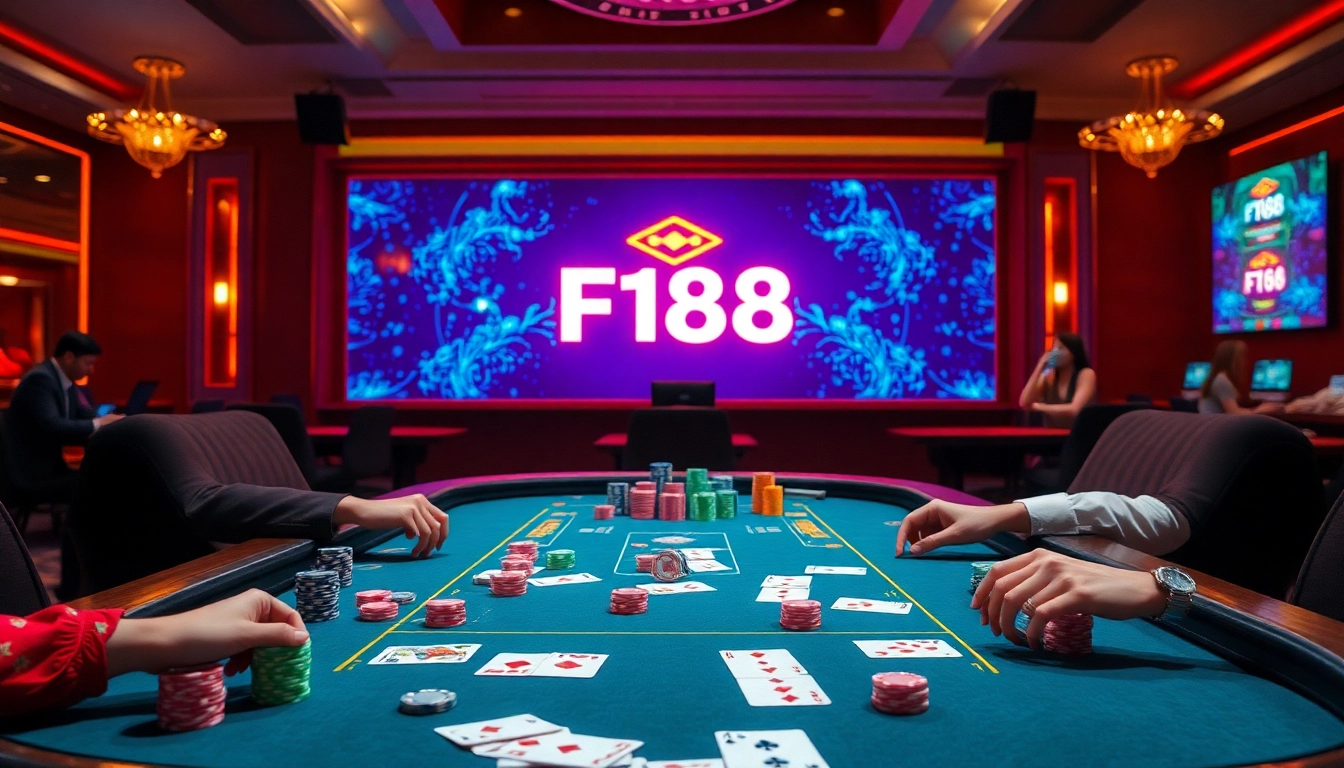 A dynamic casino scene featuring engaging players and the Trang chủ F168 online gambling platform, showcasing poker chips, cards, and high-tech betting interfaces.
