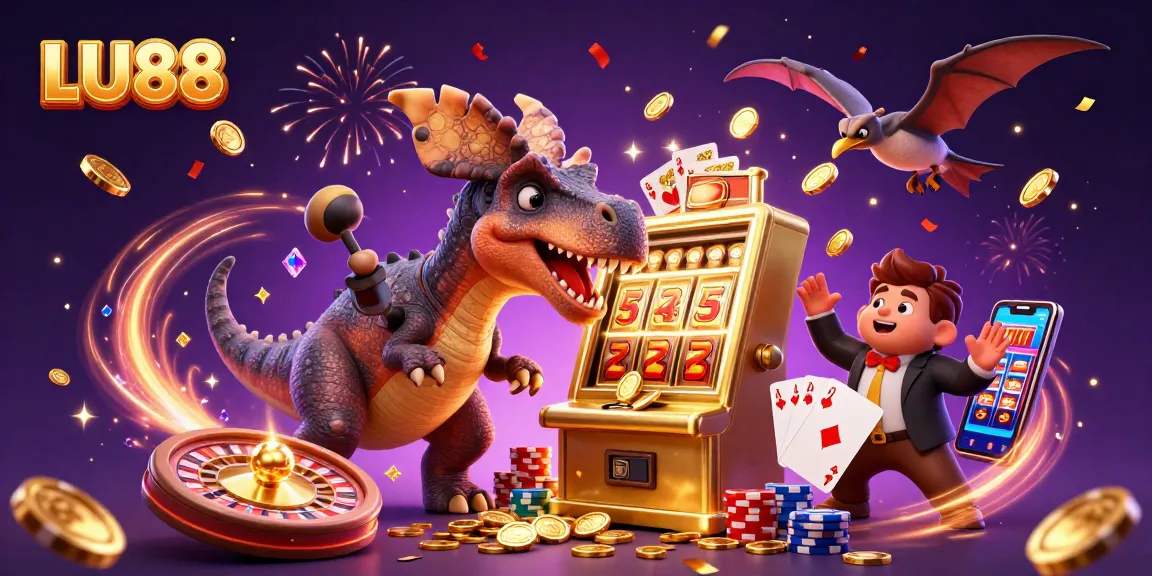 LU88 jackpot alert as dinosaurs create a vibrant casino scene with spinning wheels and flying coins.