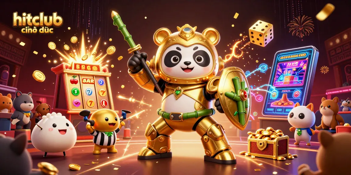 A dynamic casino arena showcasing hitclub chính thức with a golden panda piloting a robot, surrounded by jackpots and festive elements.